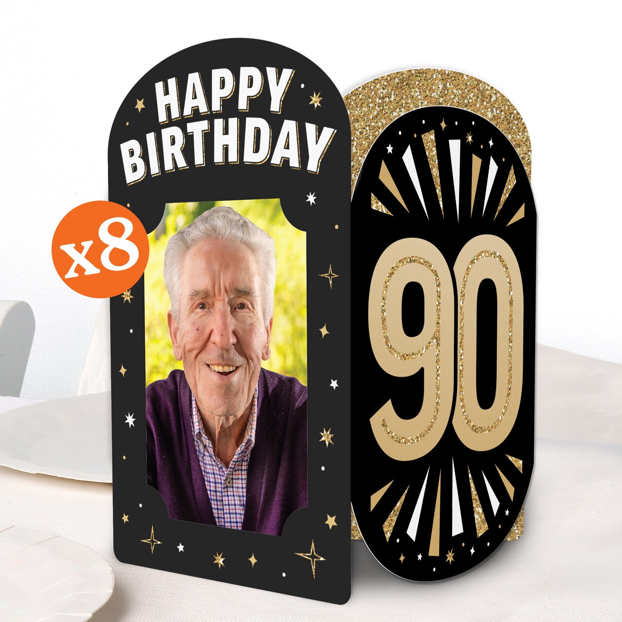 Big Dot of Happiness 90th Birthday Photo Holder Centerpieces, 4x6 Picture Display Box, Black & Gold Table Decoration for Adult Birthday Decor, 8 Count